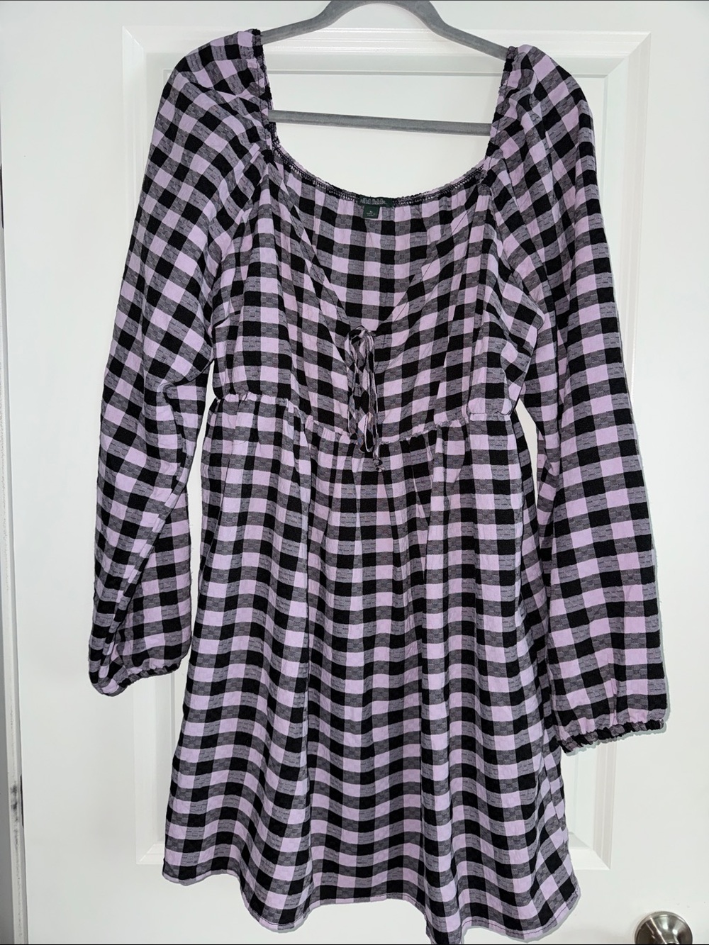 wild fable Black and Lavender Plaid Midi Dress with Tie Neck